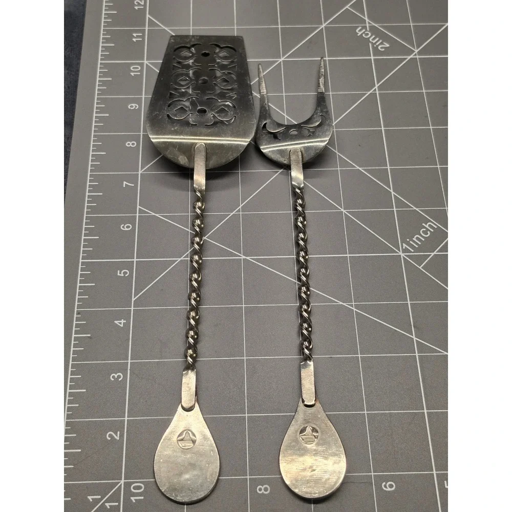 Vintage Mstera Yuvelir Serving Set Twisted Handle Enamel Floral Pie Server Fork
